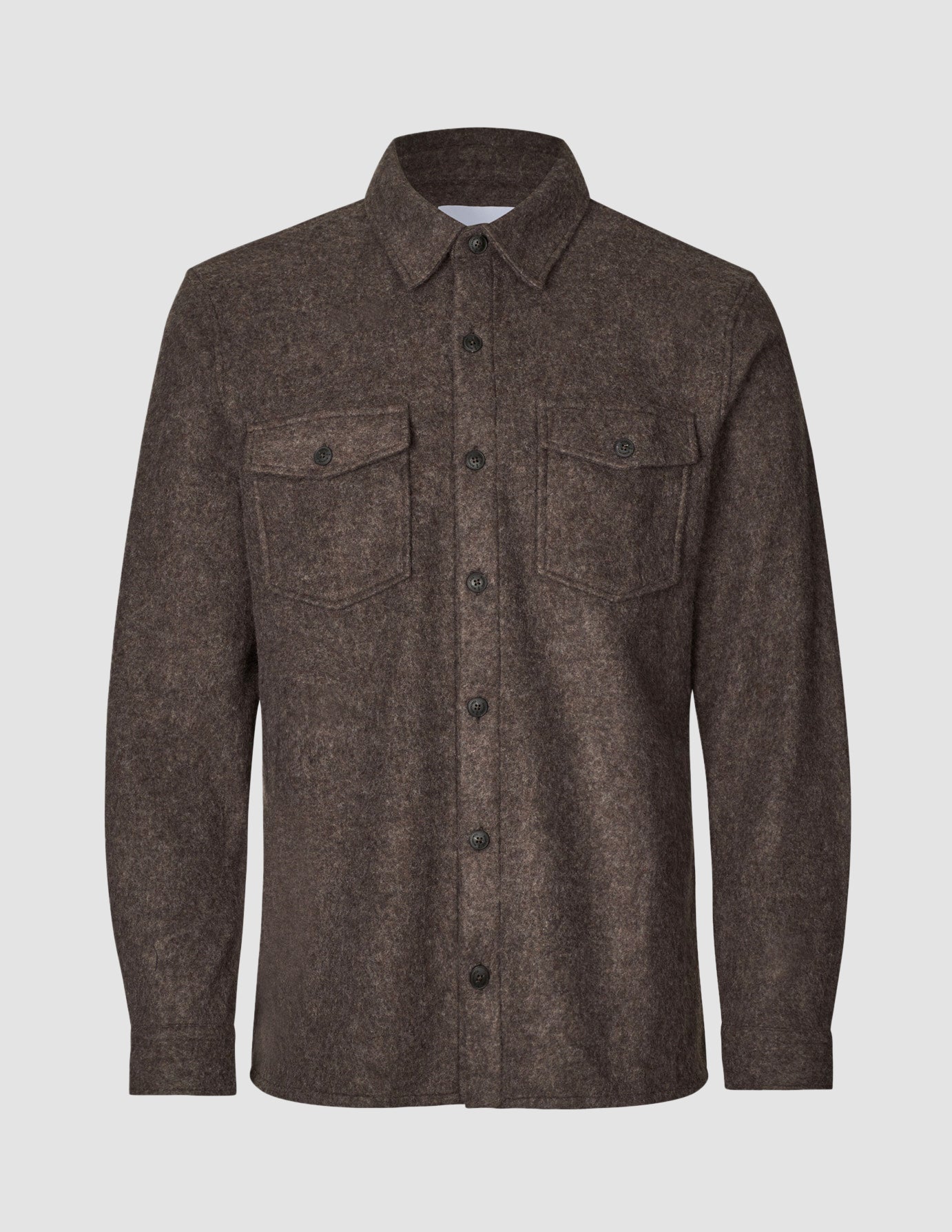 Double Layer Wool Overshirt Saddle Brown in a brown wool blend with a collar, long sleeves, and two buttoned chest pockets in a classic Scandinavian design.